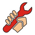 Red wrench at hand, vector icon