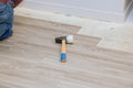 Installation laminate wood texture floor of new home improvement renovation works Royalty Free Stock Photo