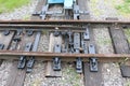 Installation of rail fastening. Railway turnout mechanism. Filming of the Soviet-era children`s railway in the Royalty Free Stock Photo