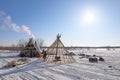 Installation of reindeer herders` dwelling in winter in northern Russia