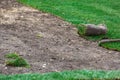 Installation of a rolled lawn on prepared soil landscaping.