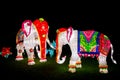 Installation of two colourful painted elephants