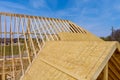 Installation of wooden beams at construction the assembled roof on house Royalty Free Stock Photo