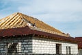 Installation of a wooden roof and Closing the roof with Onduvilla bituminous tiles. Woods elements and components of the Royalty Free Stock Photo