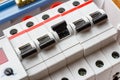 Installed automatic circuit breakers in the mounting box closeup Royalty Free Stock Photo