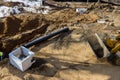 Installed construction of concrete pipe of drainage system work on the road for drained water sewer Royalty Free Stock Photo