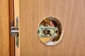 The installer pushes the spindle of door handle through the hole in the latch assembly and face bore