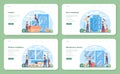 Installer web banner or landing page set. Worker in uniform installing window