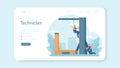 Installer web banner or landing page. Worker in uniform installing constructions