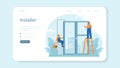 Installer web banner or landing page. Worker in uniform installing constructions