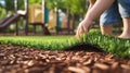 Installing Artificial Grass at Playground Area Royalty Free Stock Photo