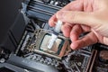 A technician applies white thermal paste to the CPU Intel i7-9700K. Installing a cooler on a PC processor. Assembling or