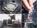 Installing CPU into motherboard and applying thermal paste. Computer repair. Royalty Free Stock Photo