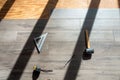 Installing engineered laminated wood flooring and tools to use Royalty Free Stock Photo