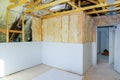 Installing plasterboard sheet to wall for attic room construction at the attic termal insulation Royalty Free Stock Photo