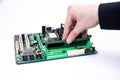 Installing a new RAM DDR memory for a personal computer processor socket in a service. Upgrade repair. PC upgrade or repair Royalty Free Stock Photo