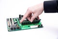 Installing a new RAM DDR memory for a personal computer processor socket in a service. Upgrade repair. PC upgrade or repair Royalty Free Stock Photo