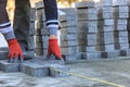 Installing paving construction stone block sidewalk