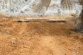 Installing piles, work in laying the foundation building on construction site. Royalty Free Stock Photo