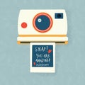 Instant camera with a photo and love message. Colorful hand drawn illustration with hand lettering for Happy ValentineÃ¢â¬â¢s day