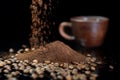 Instant coffee against the background of coffee beans