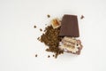 Instant coffee, chocolates, lumps of brown sugar Royalty Free Stock Photo