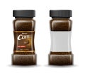 Instant coffee glass jar with coffee granules. Product package template design isolated on white. Vector 3d illustration