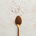 Instant coffee in a Golden spoon. Concept of instant coffee birthday celebration. Copy space. July 24 Royalty Free Stock Photo