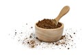 Instant coffee powder with wooden spoon and bowl isolated on white background Royalty Free Stock Photo