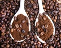 Instant coffee in spoon on coffee beans Royalty Free Stock Photo