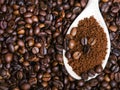 Instant coffee in spoon on coffee beans Royalty Free Stock Photo