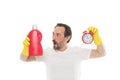 Instant effect. Easy and quickly. Save your time with this cleaning product. Man in rubber gloves hold bottle liquid