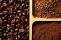Instant, ground coffee and roasted beans in wooden container, closeup Royalty Free Stock Photo