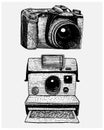 Instant and modern Photo camera vintage, engraved hand drawn in sketch or wood cut style, old looking retro lens