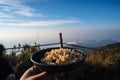 Instant noodle with Beautiful mountain range on khao san nok wua kanchanaburi.