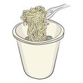 Instant noodle in bowl with plastic fork vector illustration sketch doodle hand drawn isolated on white backgroundt