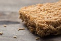 Instant noodle on wood background.