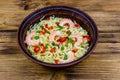 Instant noodle with shrimps, red pepper and green onion in a ceramic bowl. Japanese food Royalty Free Stock Photo