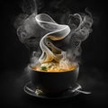 Instant noodle soup in black bowl with smoke on black background.