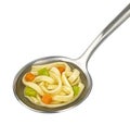 Instant noodle soup in spoon isolated on white background, top view Royalty Free Stock Photo