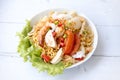 Instant noodle spicy salad with seafood and vegetable ,Spicy Noodle Salad,Mama Noodle Salad,Yum Mama,Thai Food Concept, Street Royalty Free Stock Photo