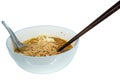 Instant noodle with spoon and chopsticks in a white ceramic bowl isolated on white Royalty Free Stock Photo