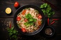 Instant noodles in bowl with ingredients on dark wooden background, top view, Chinese noodle soup with vegetables on black wooden