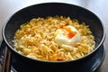 Instant noodles with egg in a bowl. Noodle soup with poached egg and seasonings.