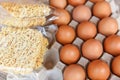 Instant noodles and eggs in egg box on background - set of dry food non perishable storage goods in kitchen home or for donations