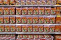 Instant noodles on a shelf in a supermarket in Thailand, translation ` Ma Ma ` one of the famous in South East Asia ,APRIL 18 ,