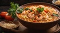 Instant Noodles Shrimp Tom Yum Flavor is the most popular Thai food, served in wooden bowl and place