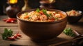 Instant Noodles Shrimp Tom Yum Flavor is the most popular Thai food, served in wooden bowl and place