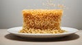 Instant noodles split in half on a white plate. Levitating noodles