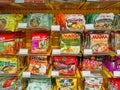 Instant noodles on supermarket shelves Royalty Free Stock Photo